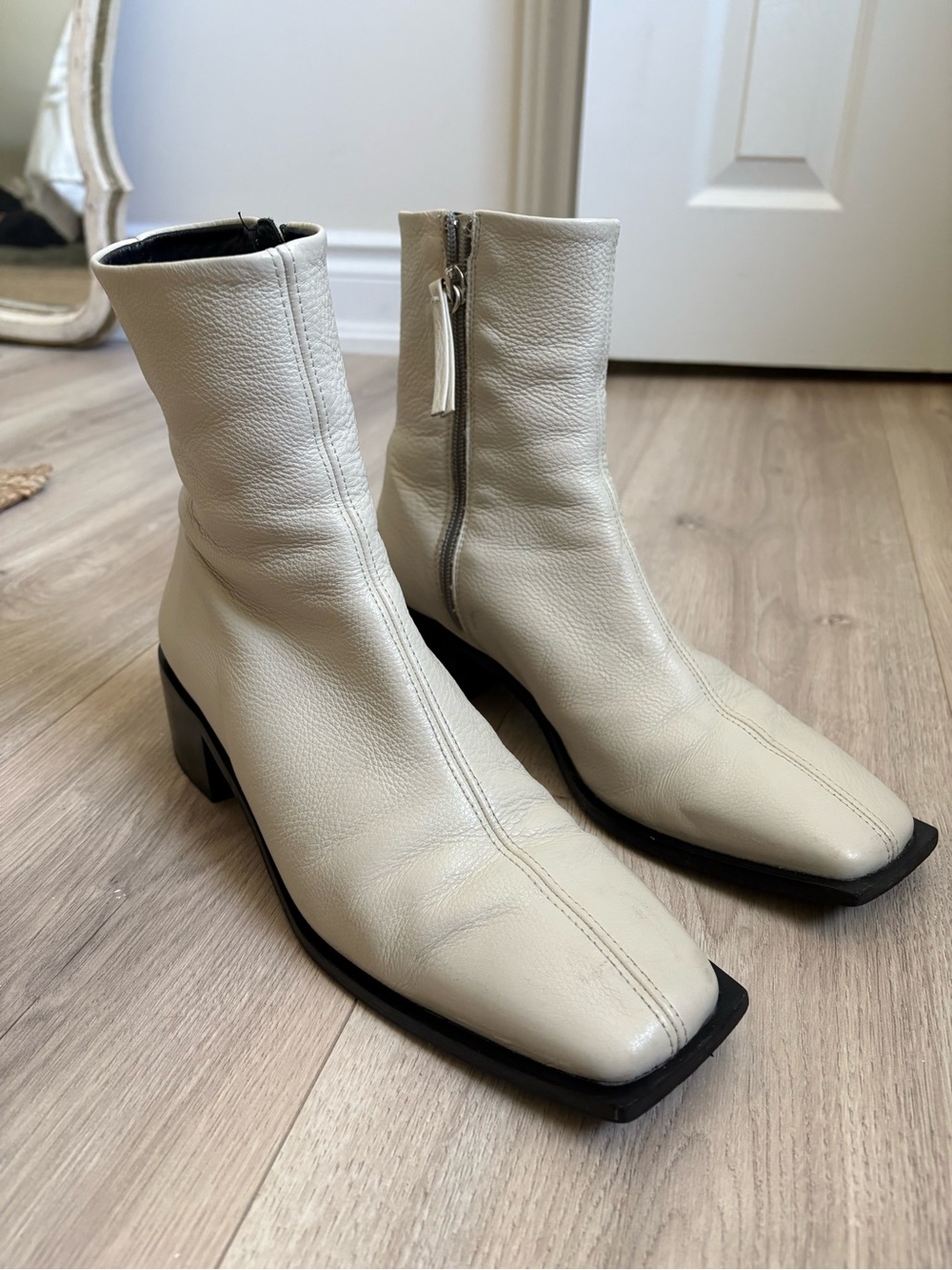Maguire Cream Leather Square-Toe Ankle Booties with Block Heel